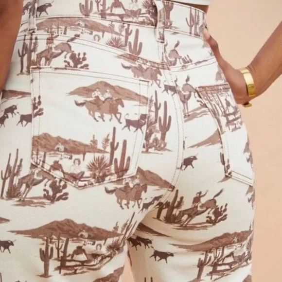 Reformation Sonora Brown White Horse Western Printed Jeans Desert Sand - Picture 6 of 6